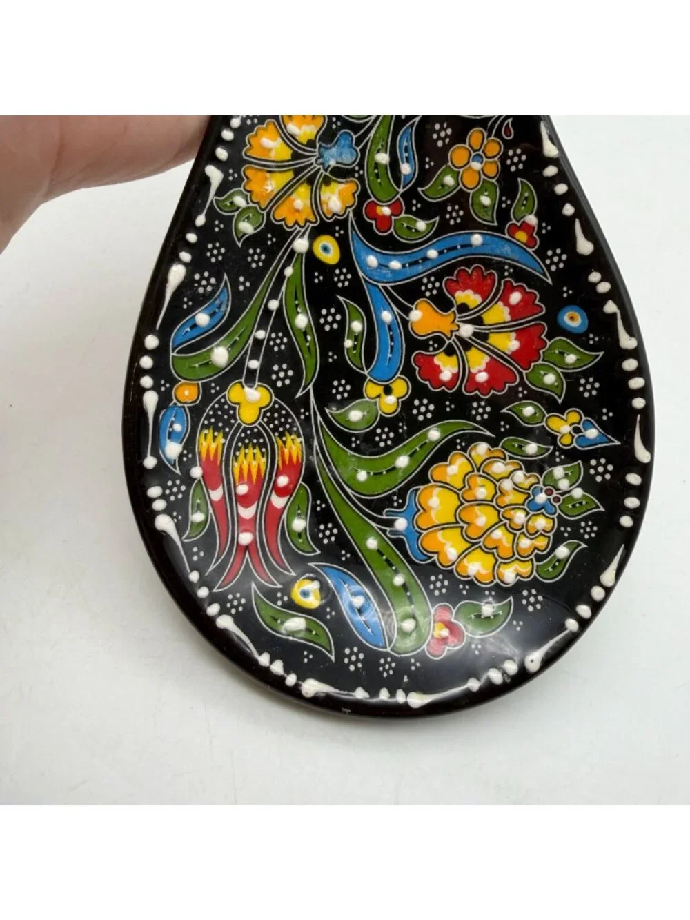 Turkish handmade floral spoon rest flowers black ceramic coffee kitchen accessor